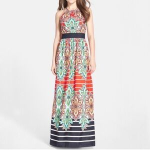 Eliza J Floral Striped Halter Maxi Dress With Gold Chain Neckline Size 4